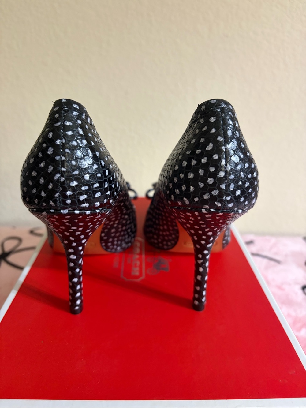 Coach Black and White Polka Dot Pointed-Toe Pumps with Gold Accent - Picture 5 of 6